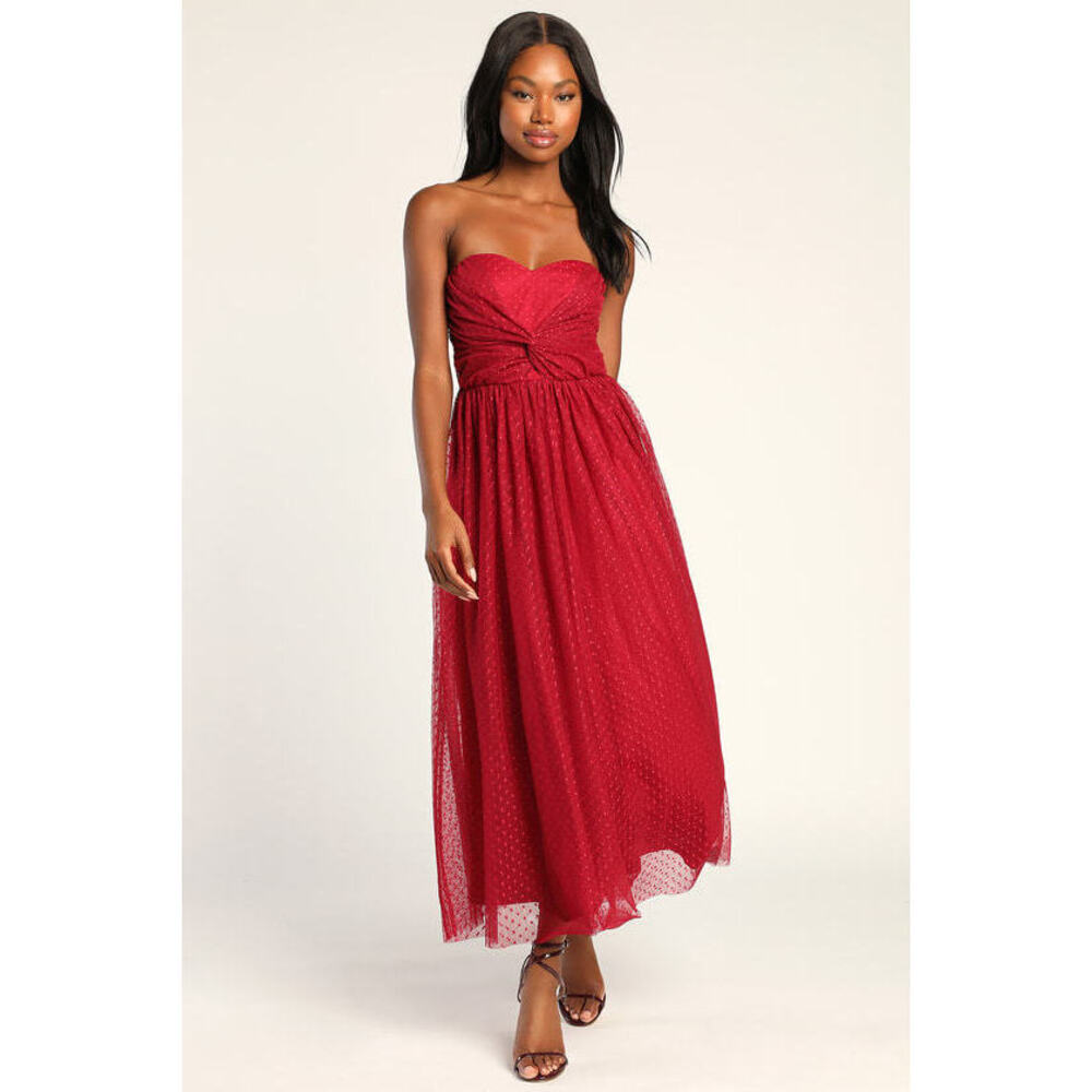Lulus Sweet Selection Wine Red Swiss Dot Strapless Midi Dress - Size S
